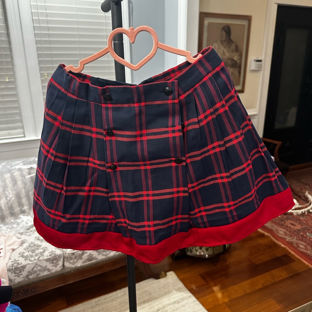 Jacadi Navy and Red Plaid Pleated Skirt with Red Hem for Girls - Size: 5 years
